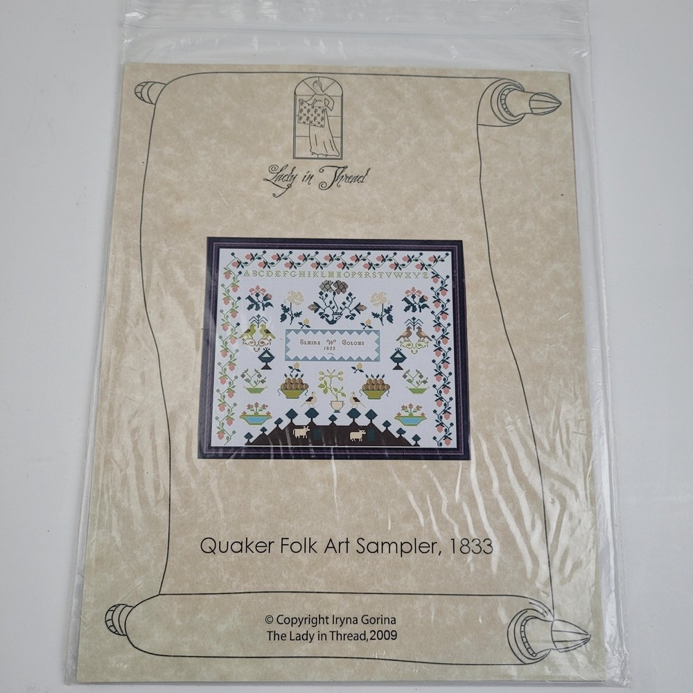 Lady in Thread "Quaker Folk Art Sampler, 1833 Cross Stitch Pattern Primitive